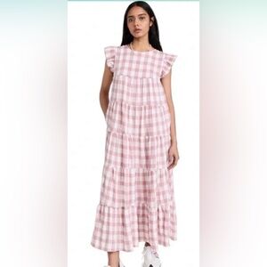 English Factory Pink & White Gingham Textured Tiered Maxi Dress Pockets Size L